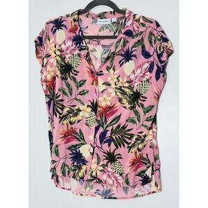 Kiwi Fresh Blouse Size Large Pink Button Up Tropical Floral Short Sleeve Preowne